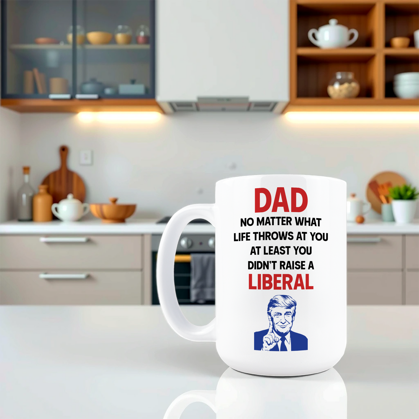 Lifestyle shot of conservative political dad joke coffee mug on a kitchen counter