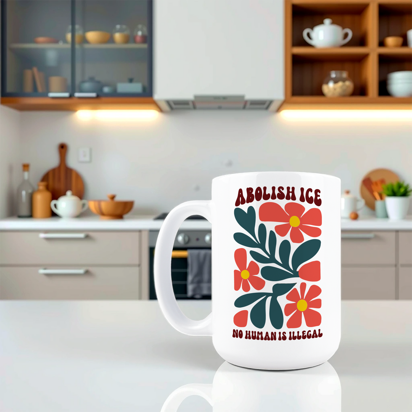 Lifestyle shot of progressive activist Abolish ICE coffee mug on a kitchen counter