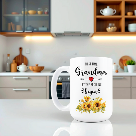 Lifestyle shot of beautiful yellow floral new grandma coffee mug on a kitchen counter