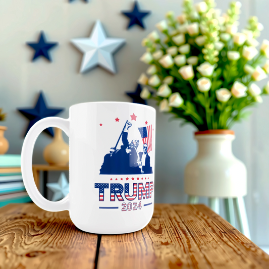 White mug with 'TRUMP 2024' design on a wooden table with decorative items in the background.