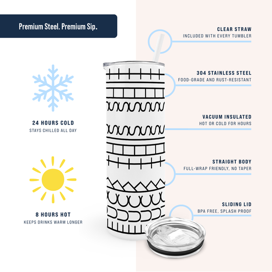 Tumbler with design and features highlighted on a white background