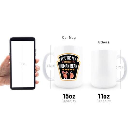 Full wrap view of cute human bean love pun mug with black shield background