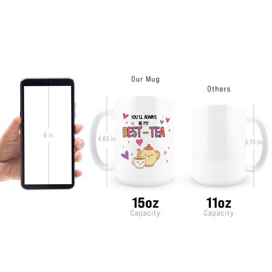 Full wrap view of cute best friend mug with hearts and stars