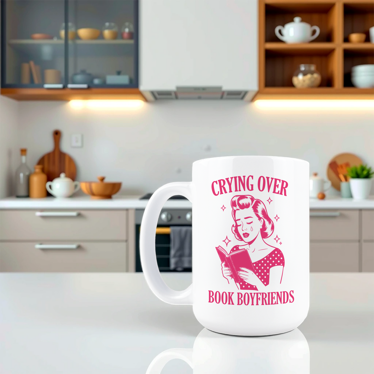 Lifestyle shot of vintage comic style book lover coffee mug
