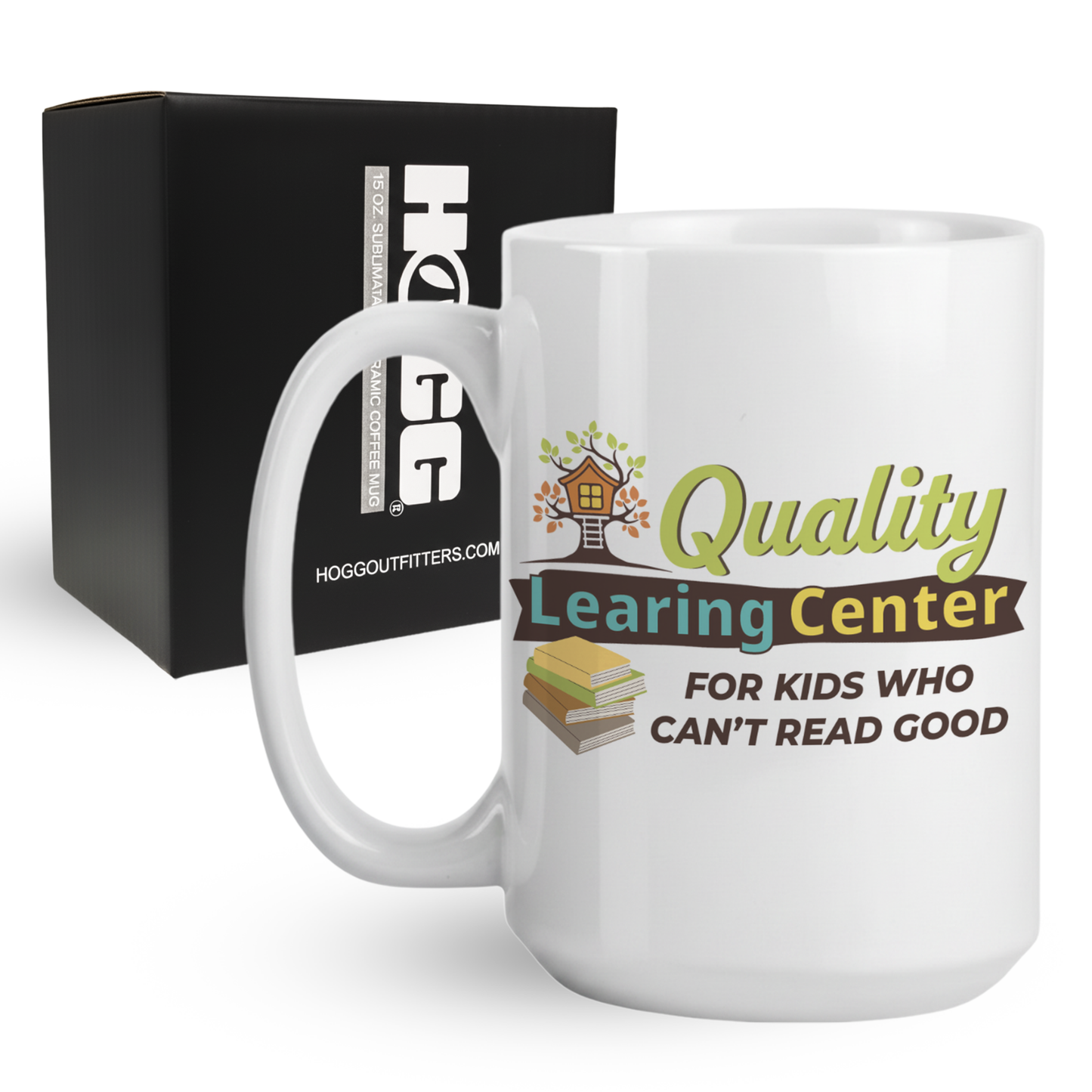 15oz coffee mug with For Kids Who Can't Read Good text and book stack