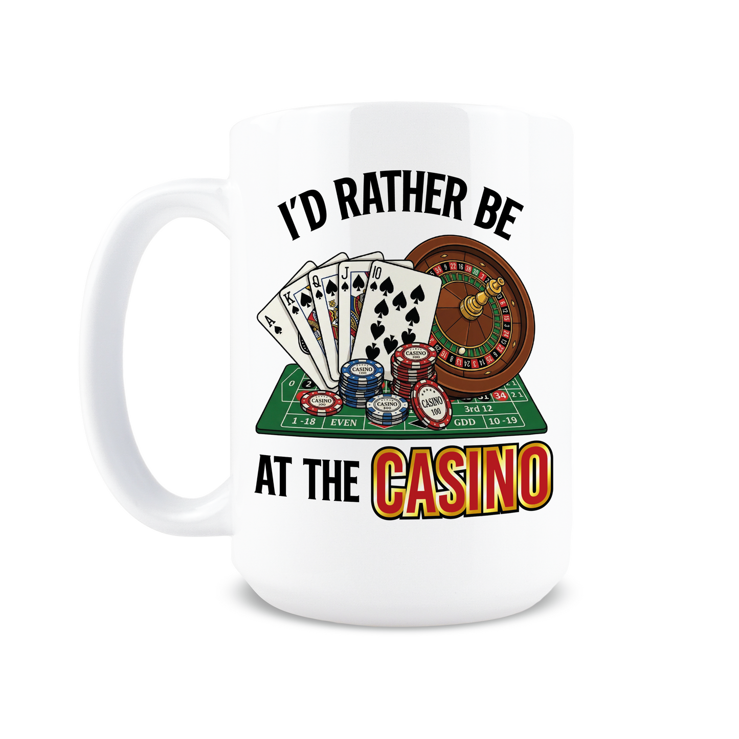 Front view of white mug with roulette table background