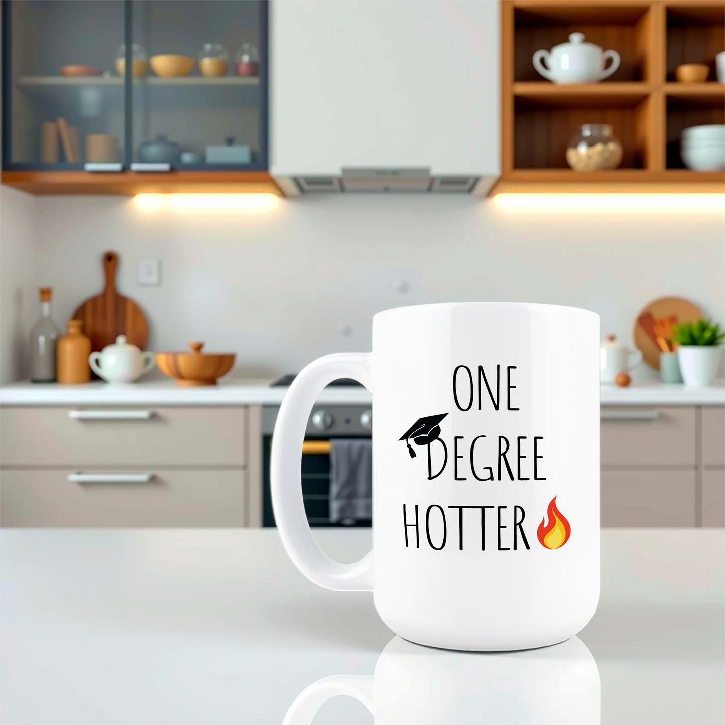 Lifestyle shot of One Degree Hotter funny alumni coffee mug