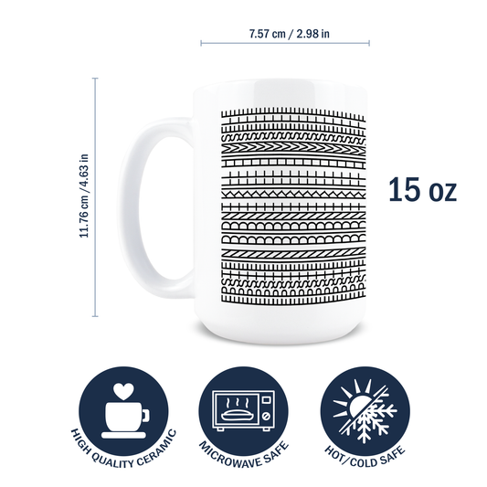 White viral Epstein meme secret message mug with black pattern, measurements, and safety icons on a white background