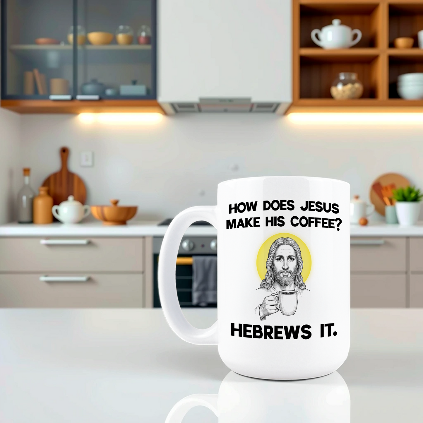 Lifestyle shot of funny Christian coffee cup