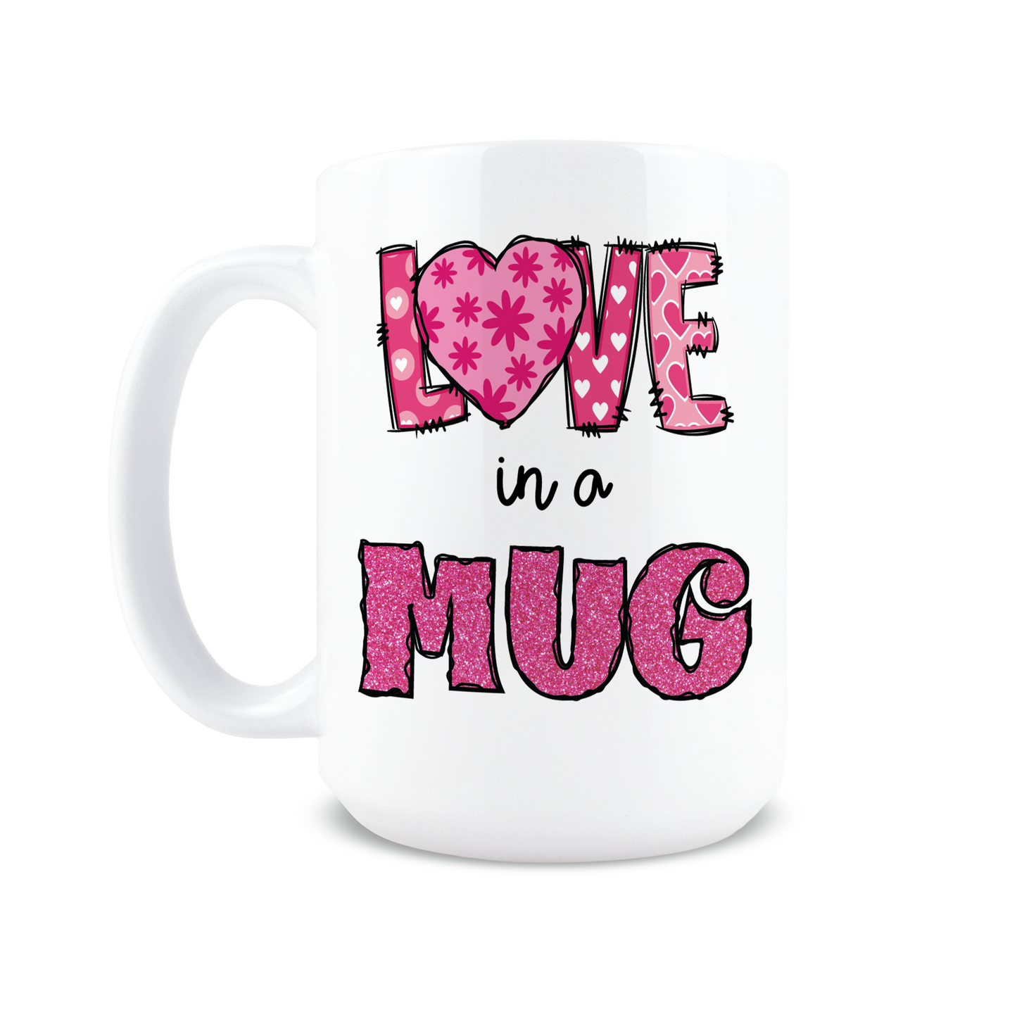 Front view of white mug with heart pattern Love text