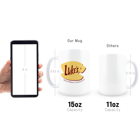 Size comparison of 15oz fan favorite TV show gift mug next to smartphone and 11oz cup
