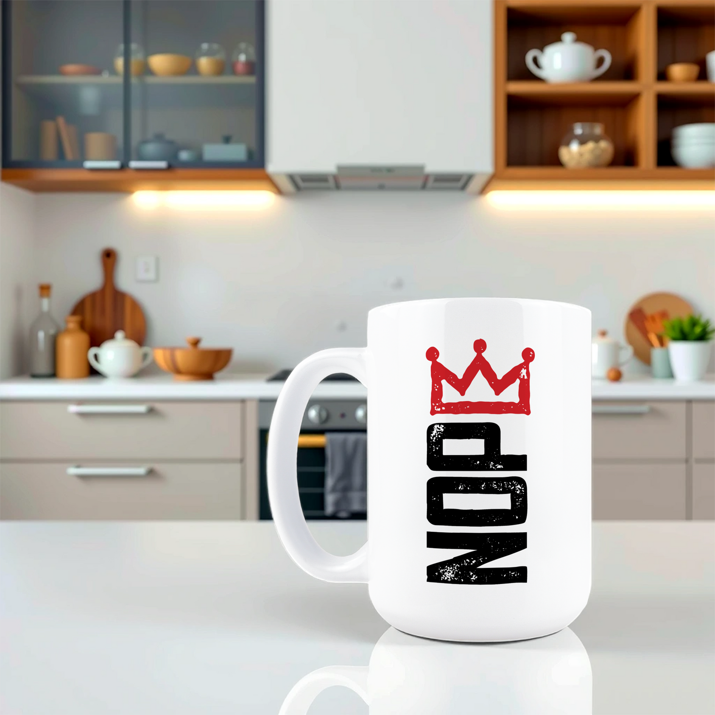 Lifestyle shot of Nope anti-king coffee mug
