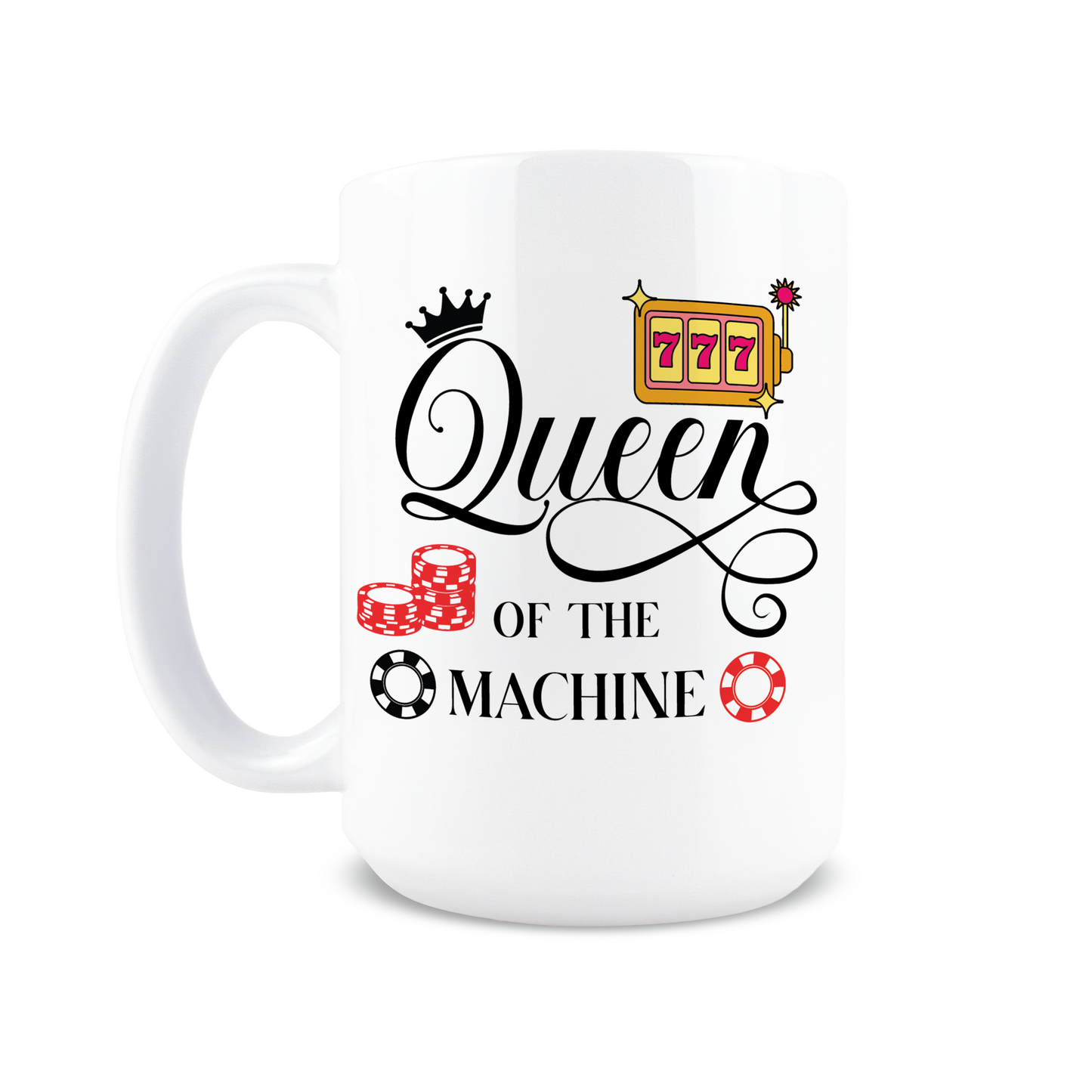 Front view of white mug with poker chips and 777 graphics