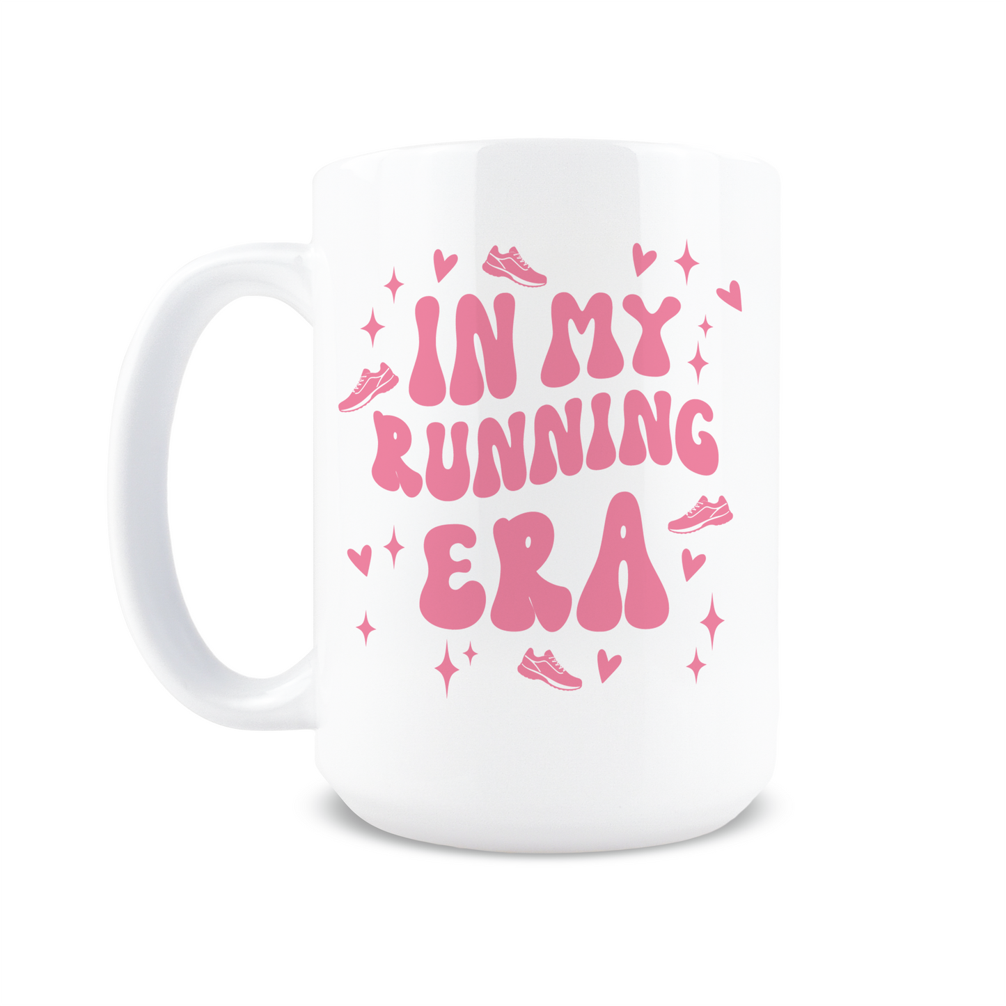 Front view of white mug with In My Running Era text