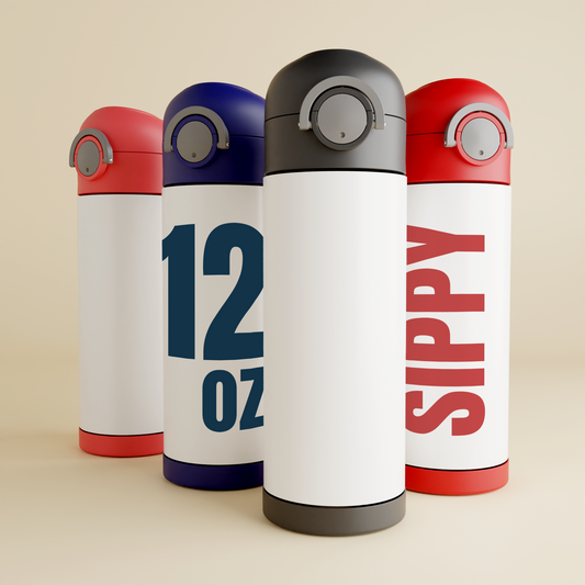 Custom printed 12oz sippy tumbler with black blue pink red push-button lid and rubber bottom