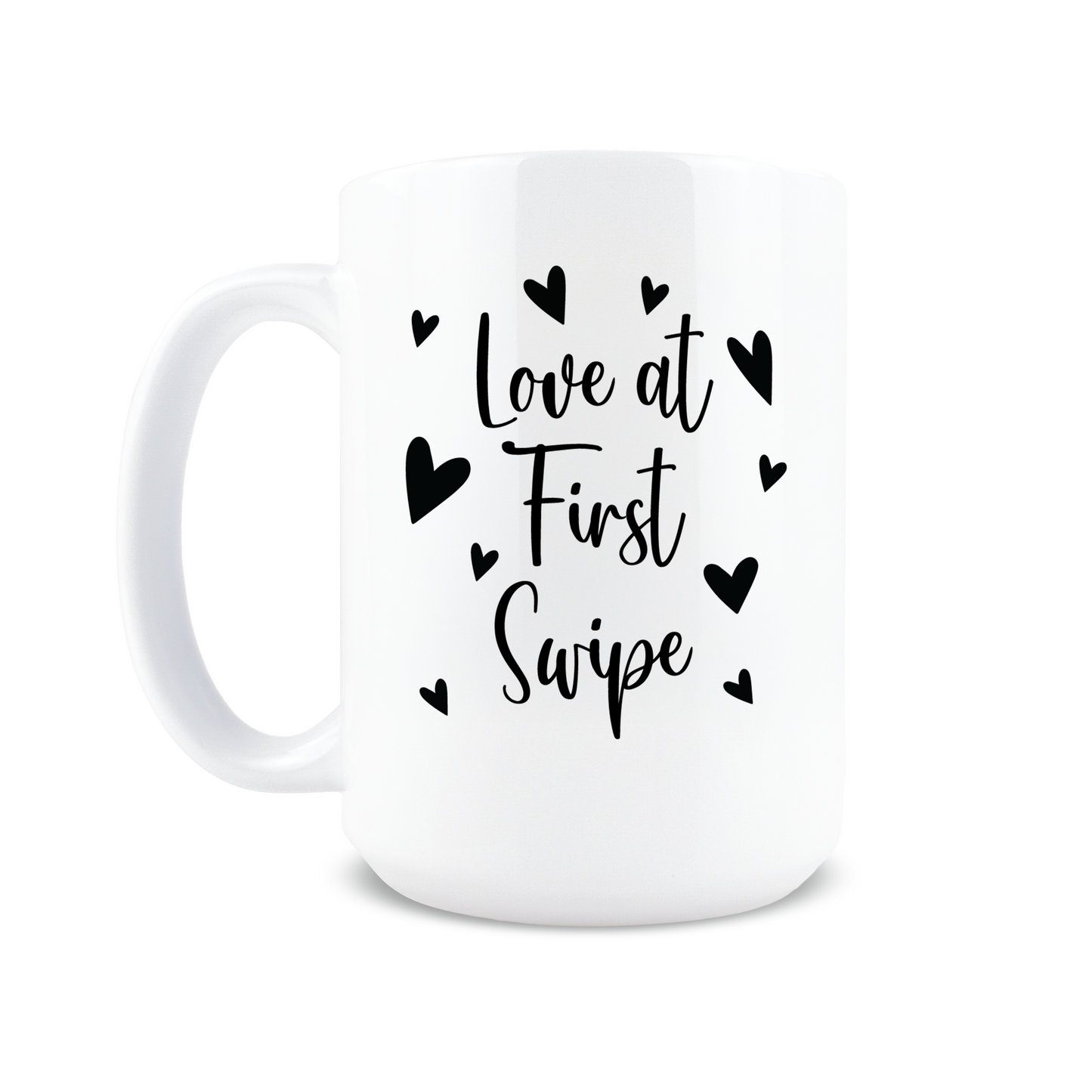 Front view of white mug with hearts and swipe text