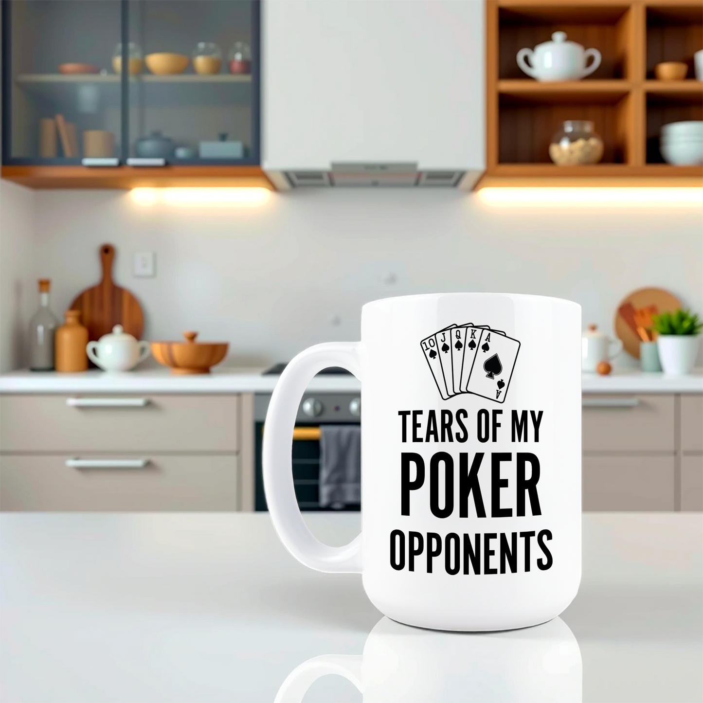 Lifestyle shot of competitive poker player coffee mug