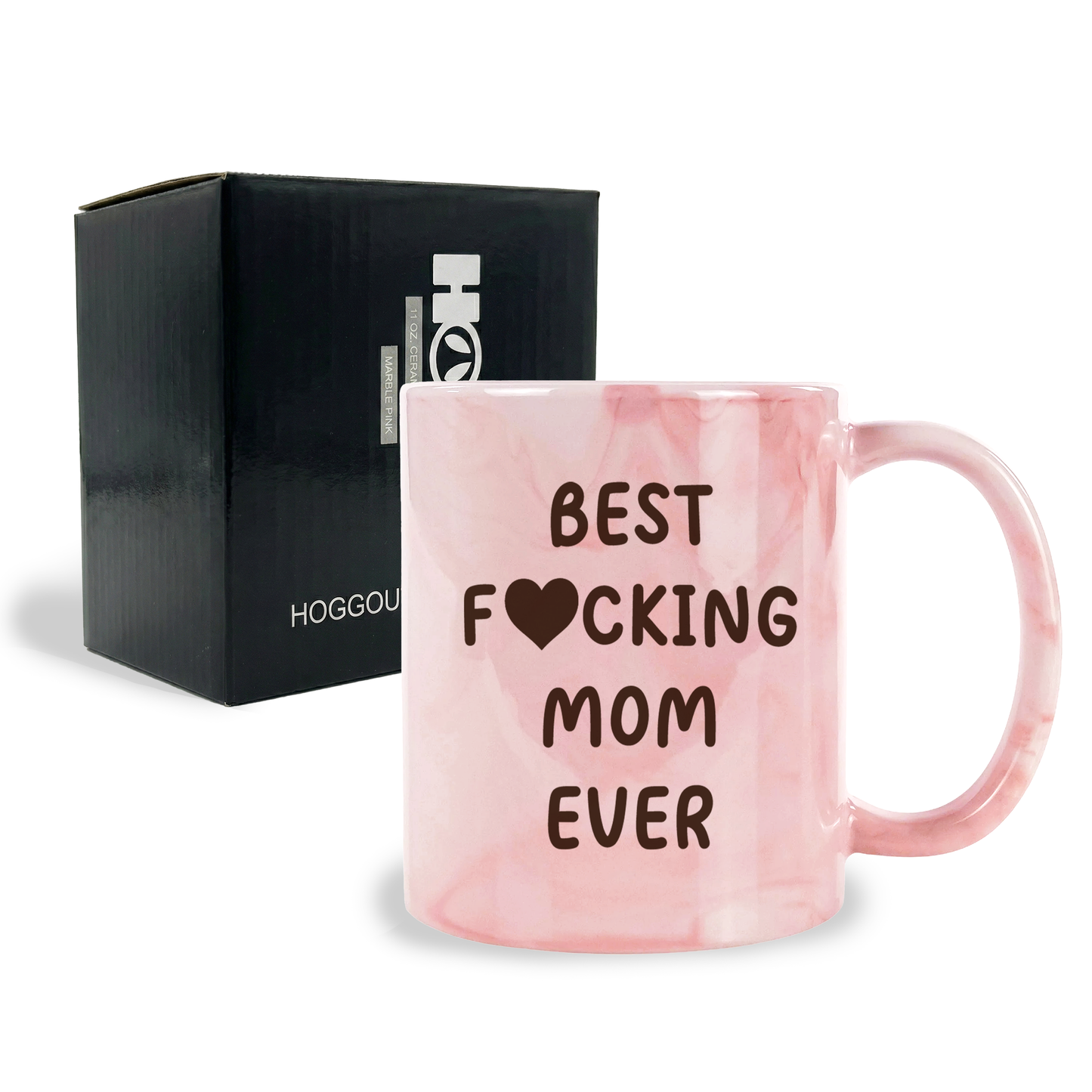 11oz pink marble coffee mug featuring Best F*cking Mom Ever text next to its gift box