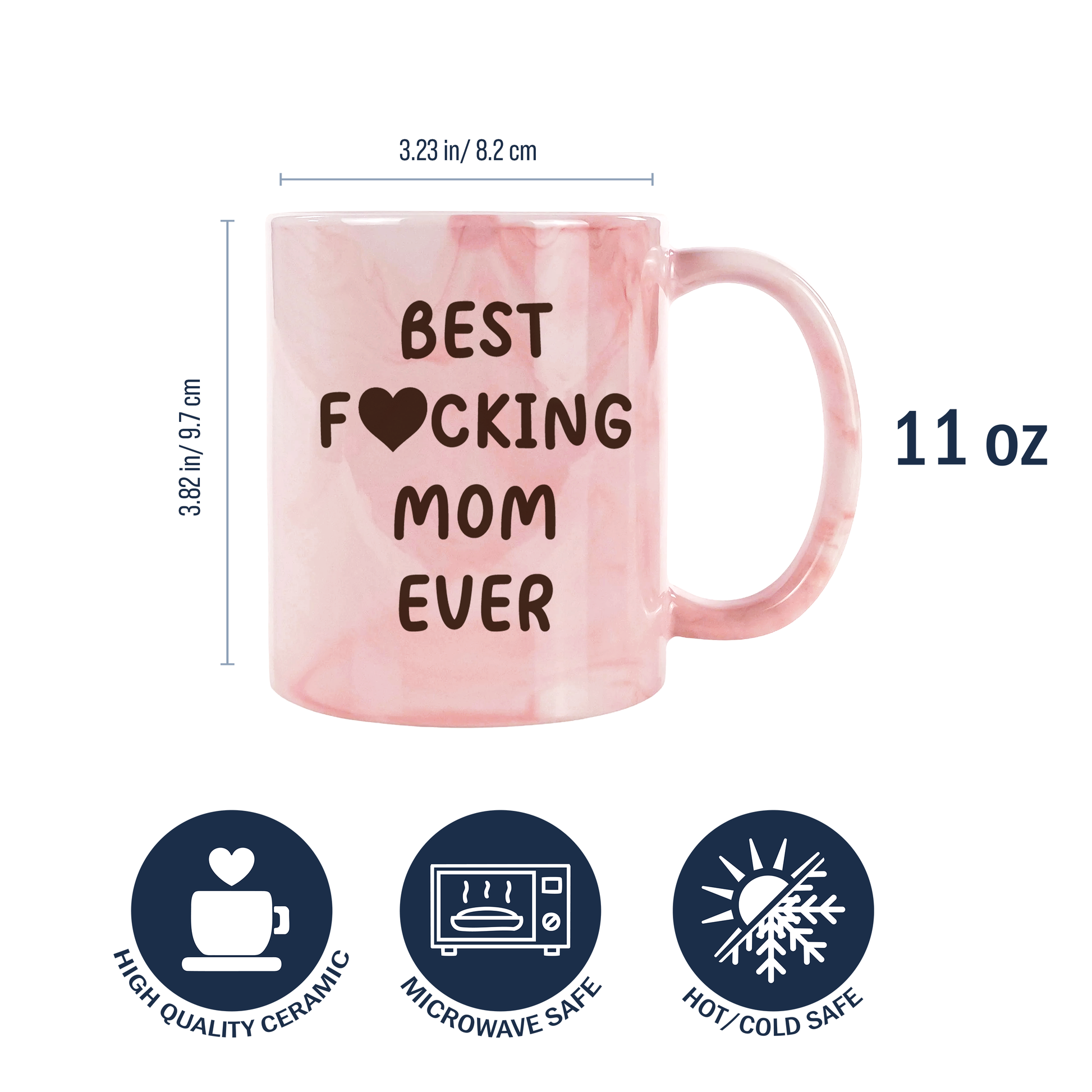 Dimensions and specifications of 11oz high quality microwave safe pink marble mom mug
