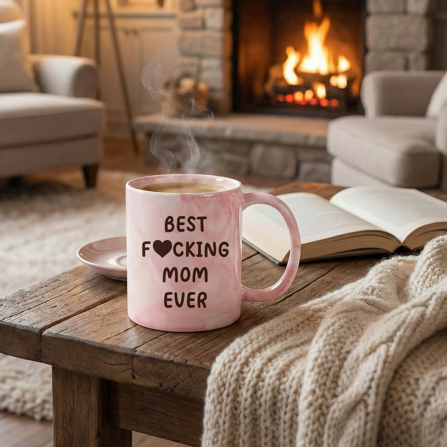Pink mug with 'Best F*cking Mom Ever' text in a cozy living room with a fireplace.
