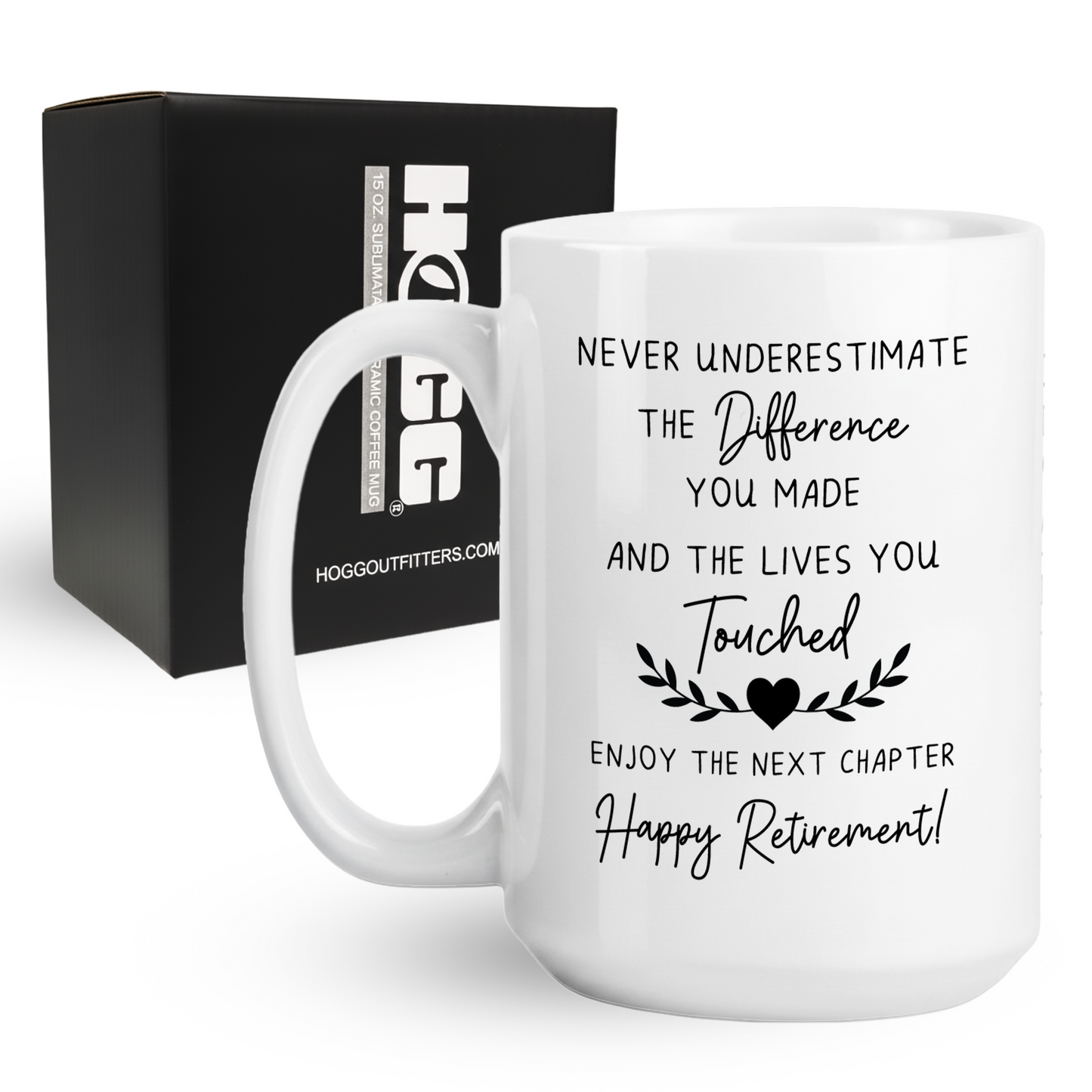 15oz coffee mug featuring an elegant Happy retirement difference you made design next to its gift box