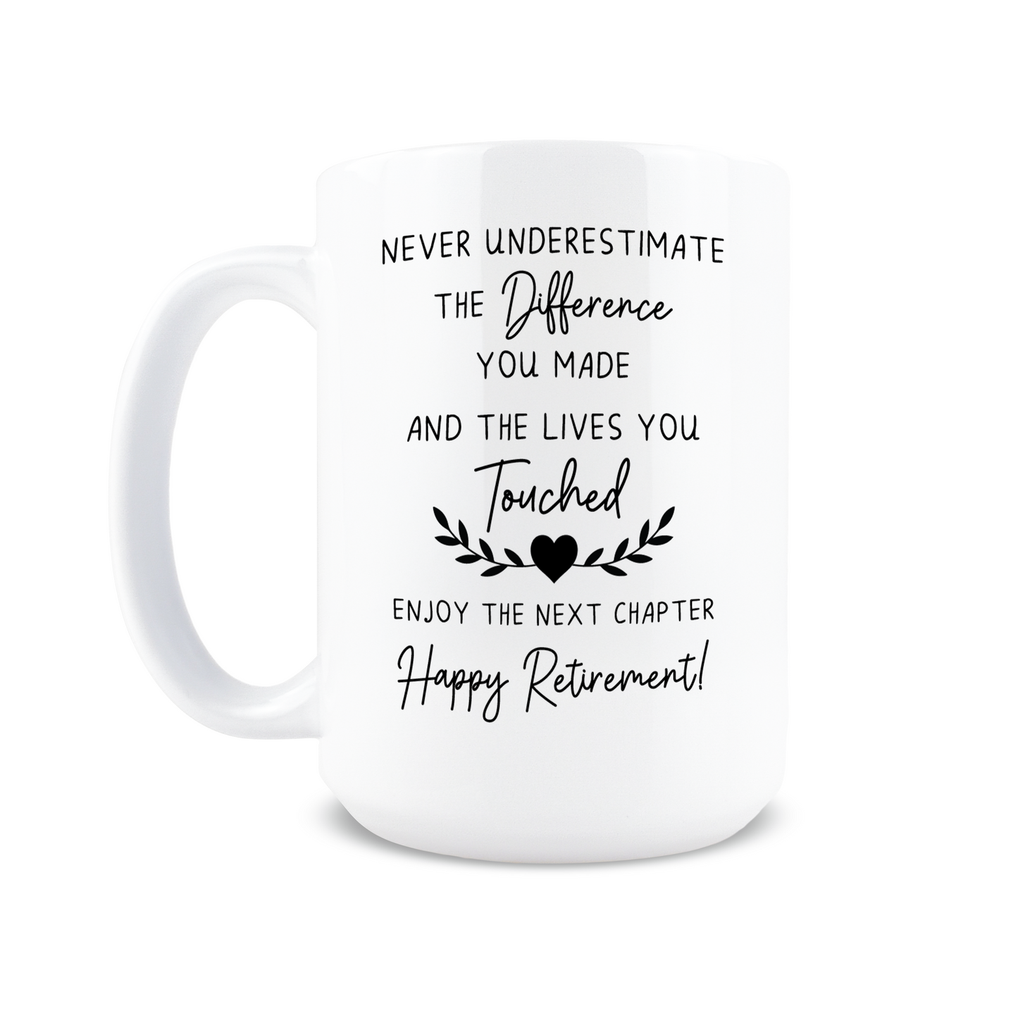 Front view of sentimental coworker goodbye Happy retirement coffee mug