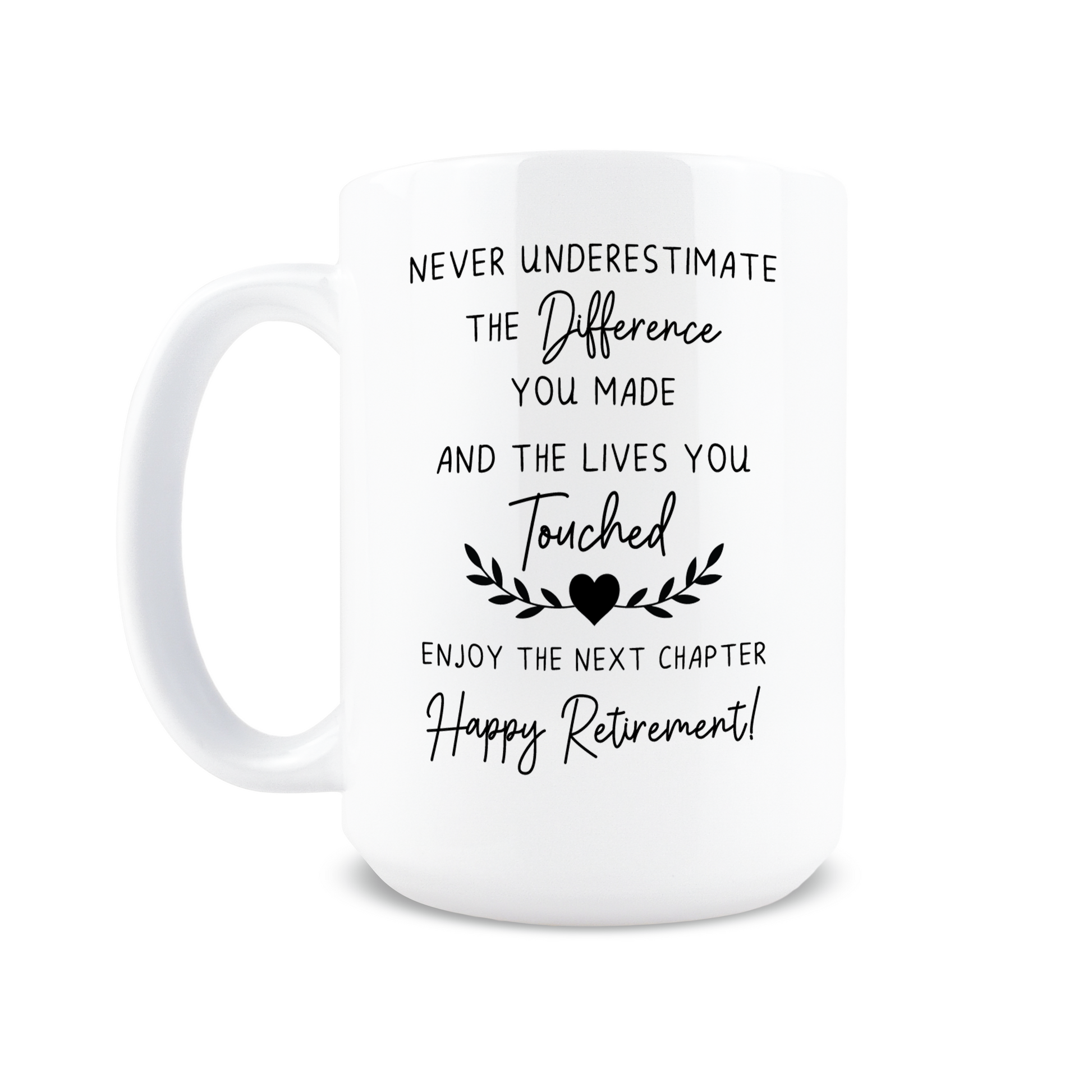 Front view of sentimental coworker goodbye Happy retirement coffee mug