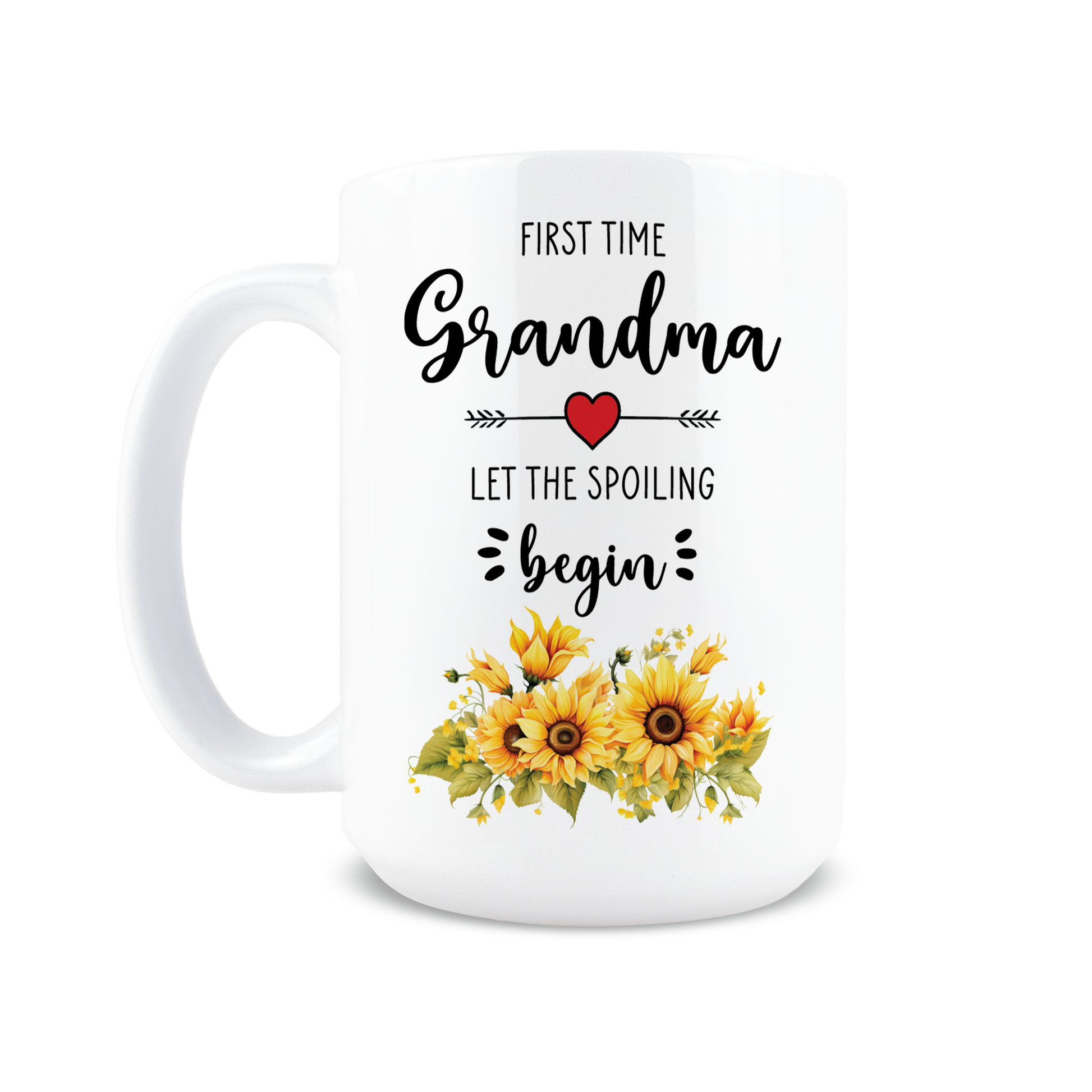 Front view of beautiful yellow floral First Time Grandma pregnancy announcement coffee mug