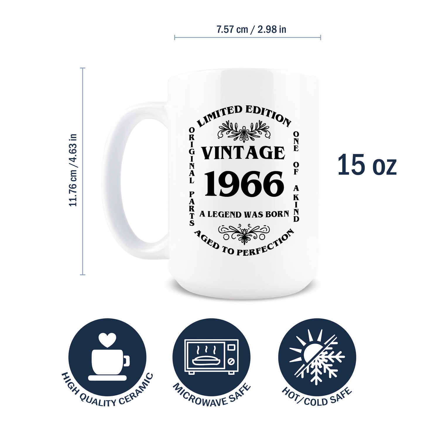 Dimensions and specifications of 15oz high quality microwave safe 60th birthday mug