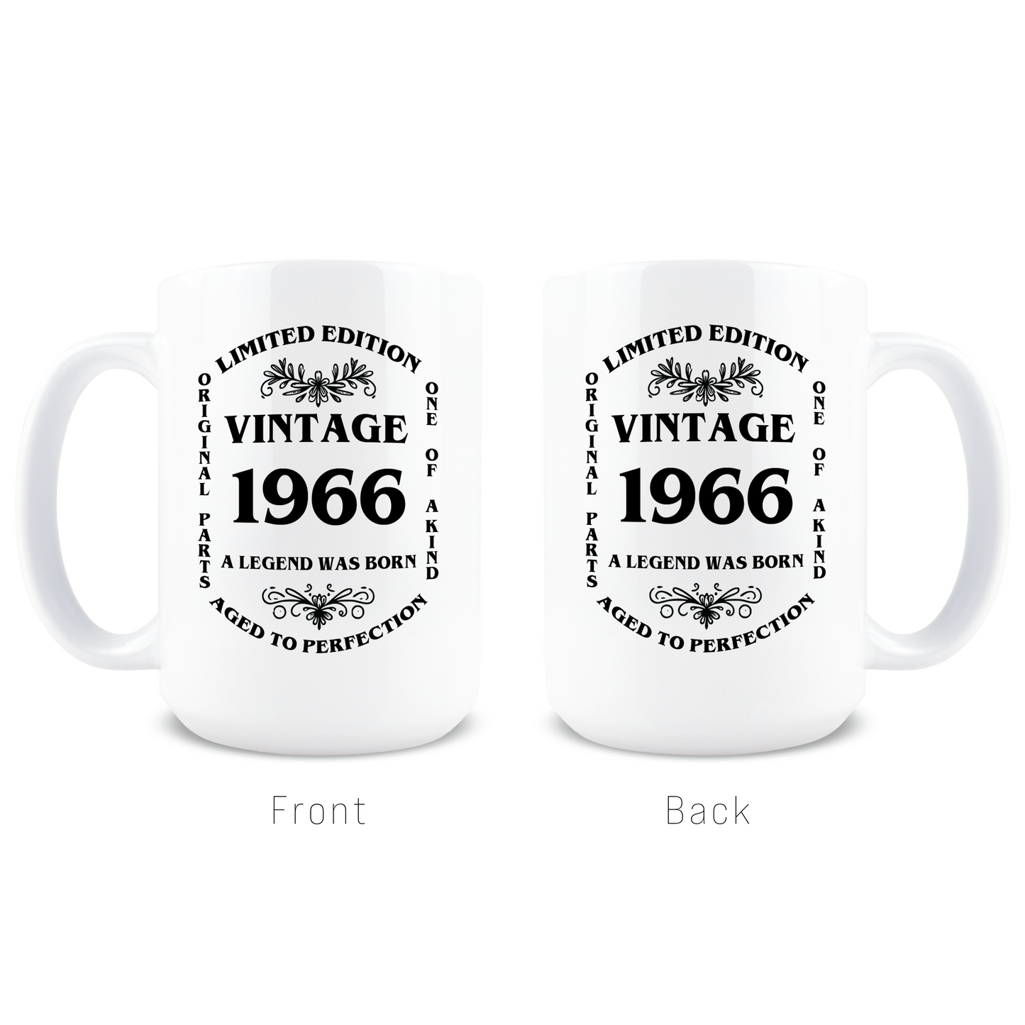 Front and back view of retro vintage 1966 legend was born coffee cup design