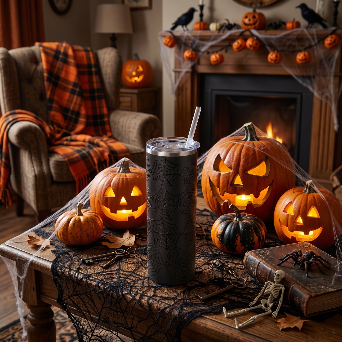 Halloween 20oz Skinny - Black Spiderwebs