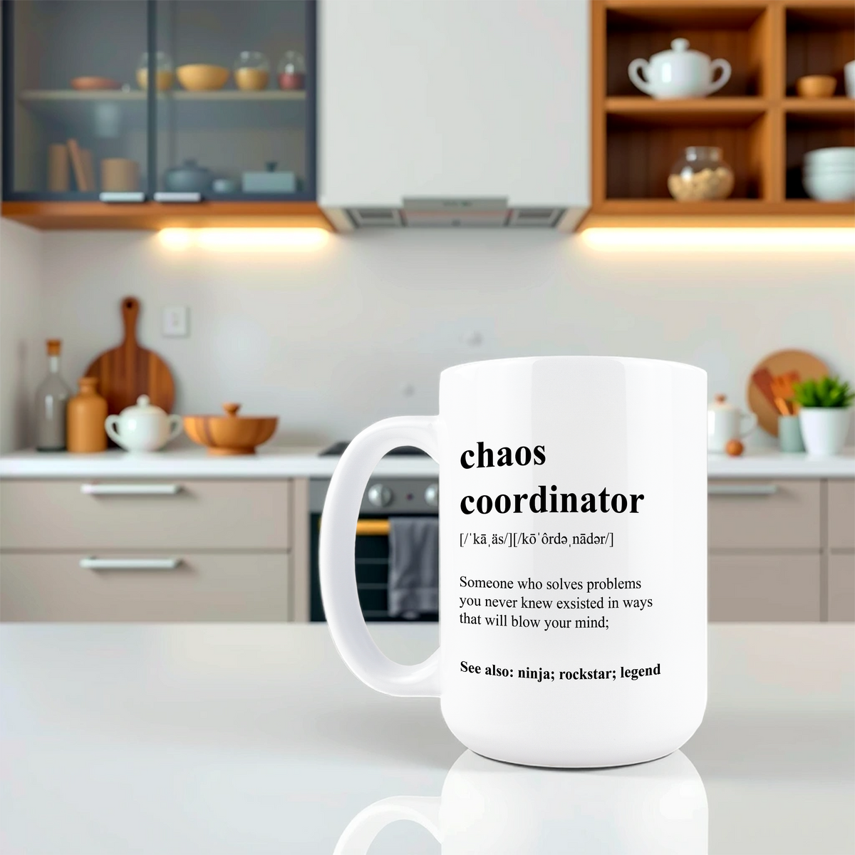 Lifestyle shot of Chaos Coordinator dictionary definition design mug on a kitchen counter