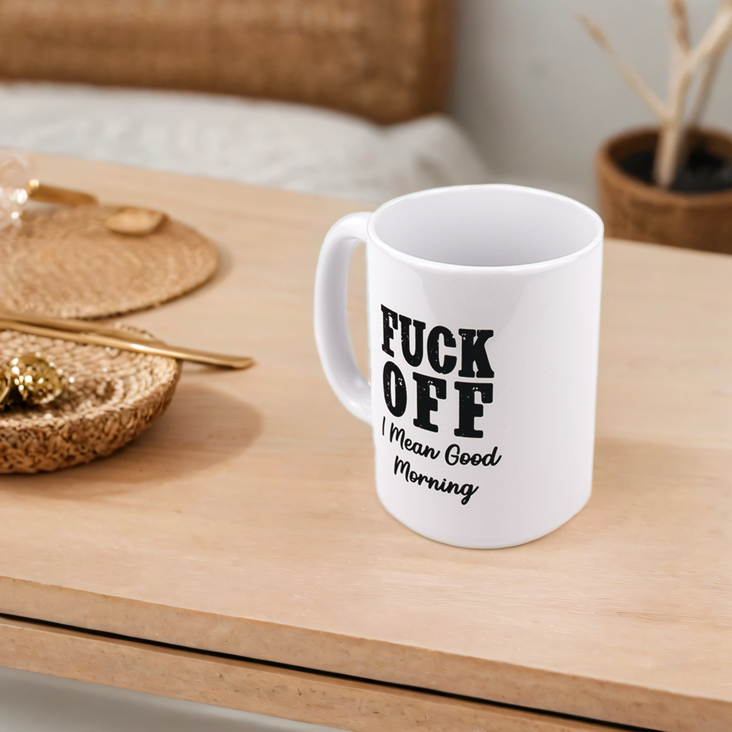 Lifestyle shot of funny rude morning coffee mug