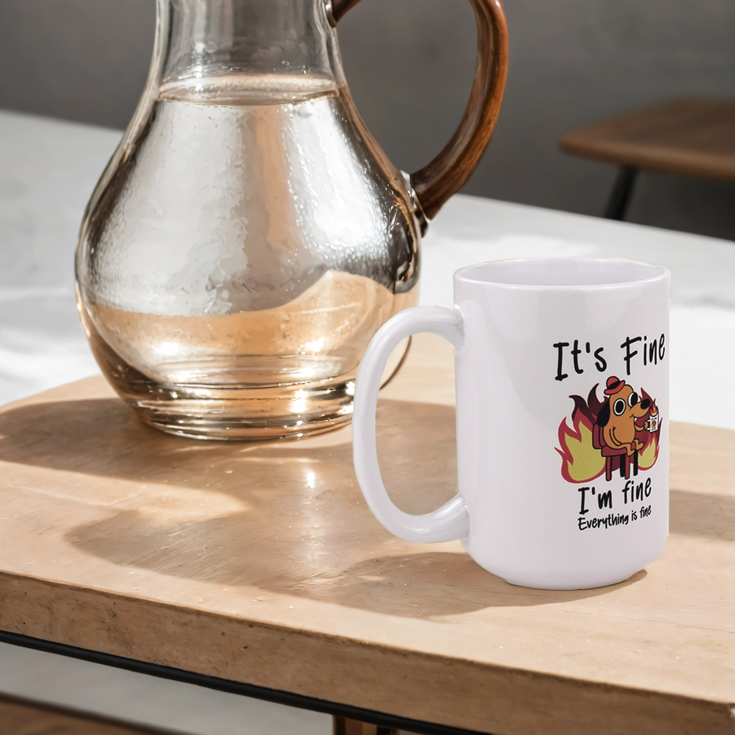 Lifestyle shot of This is Fine meme dog coffee mug