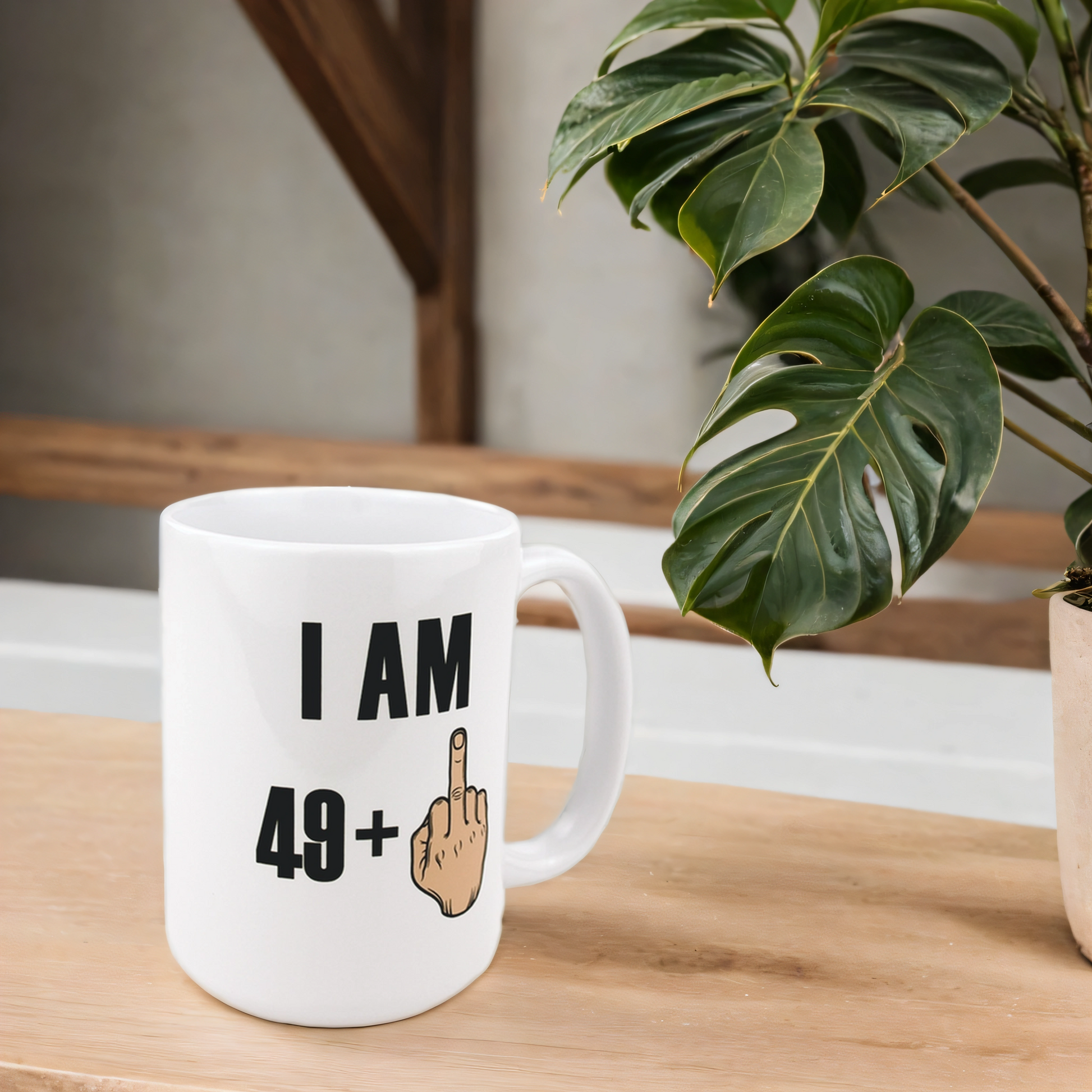 Lifestyle shot of funny 50th birthday gag gift mug