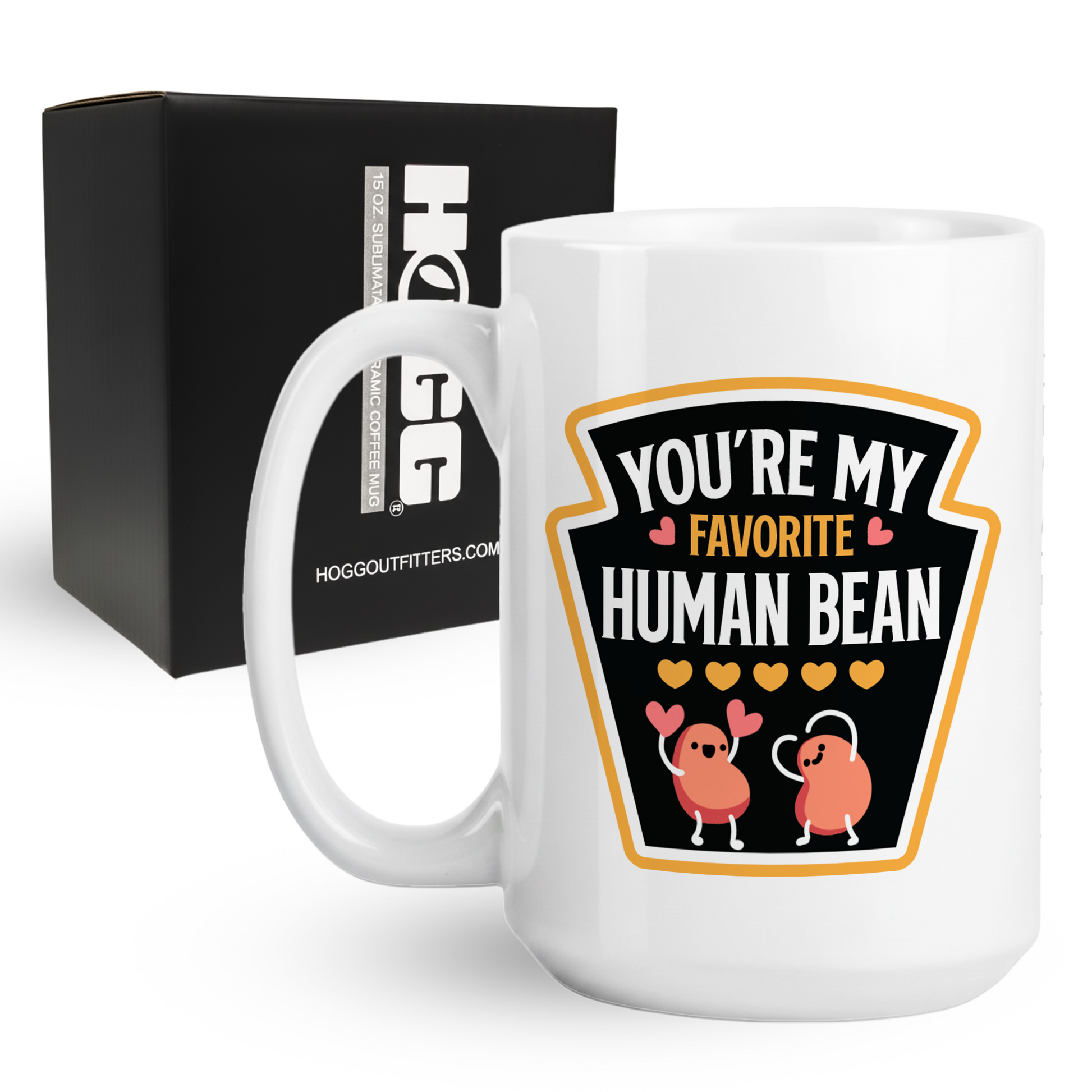 15oz coffee mug with You're My Favorite Human Bean pun and cartoon bean characters