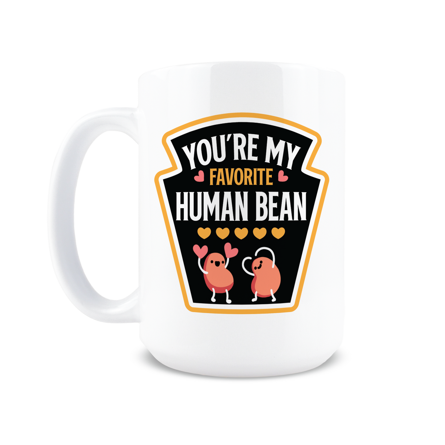 Front view of white mug with two beans holding hearts design