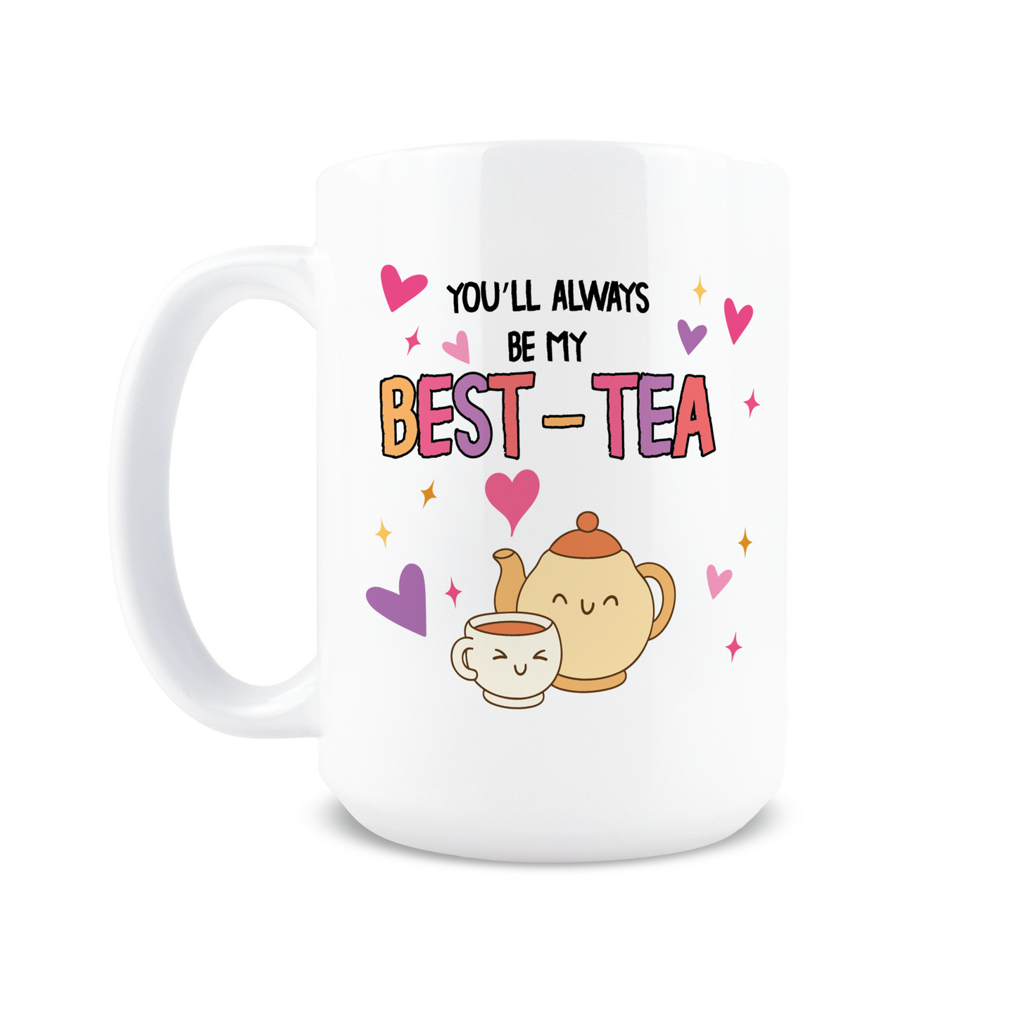 Front view of white mug with Best-Tea text and cartoon kettle