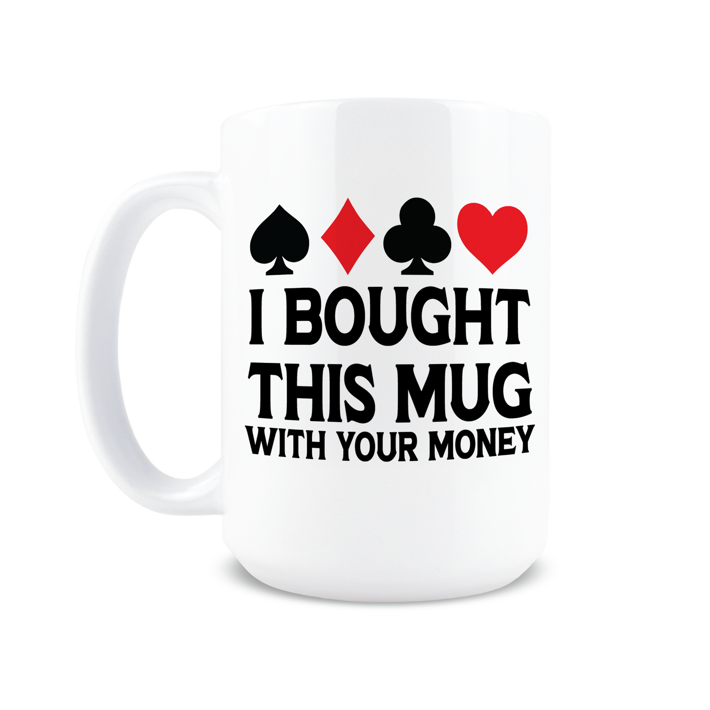 Front view of white mug with Spade Diamond Club Heart suits