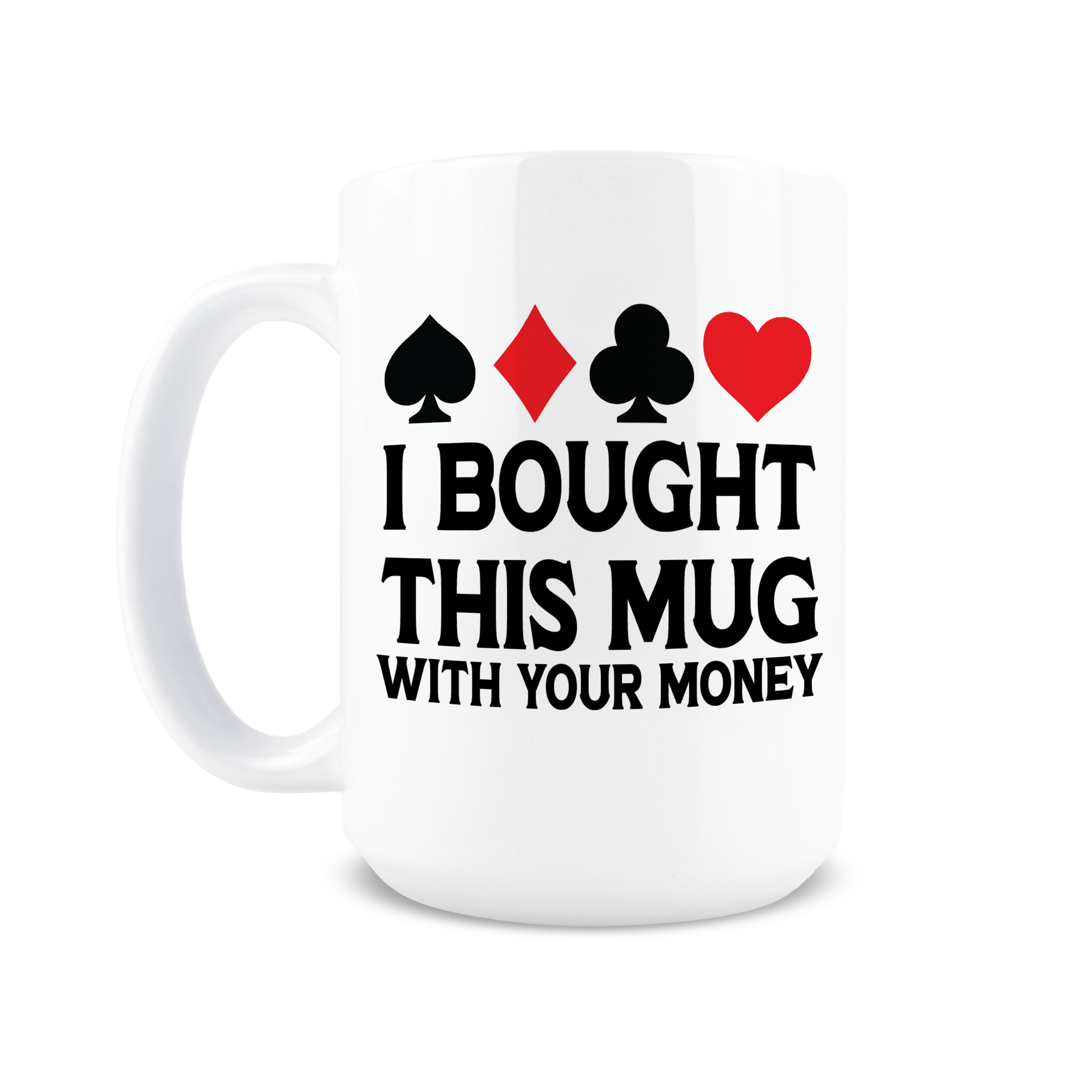 Front view of white mug with Spade Diamond Club Heart suits