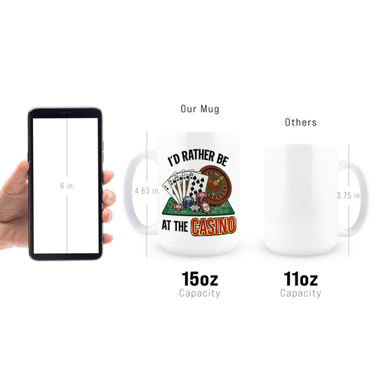 Full wrap view of casino theme mug with royal flush and poker chips