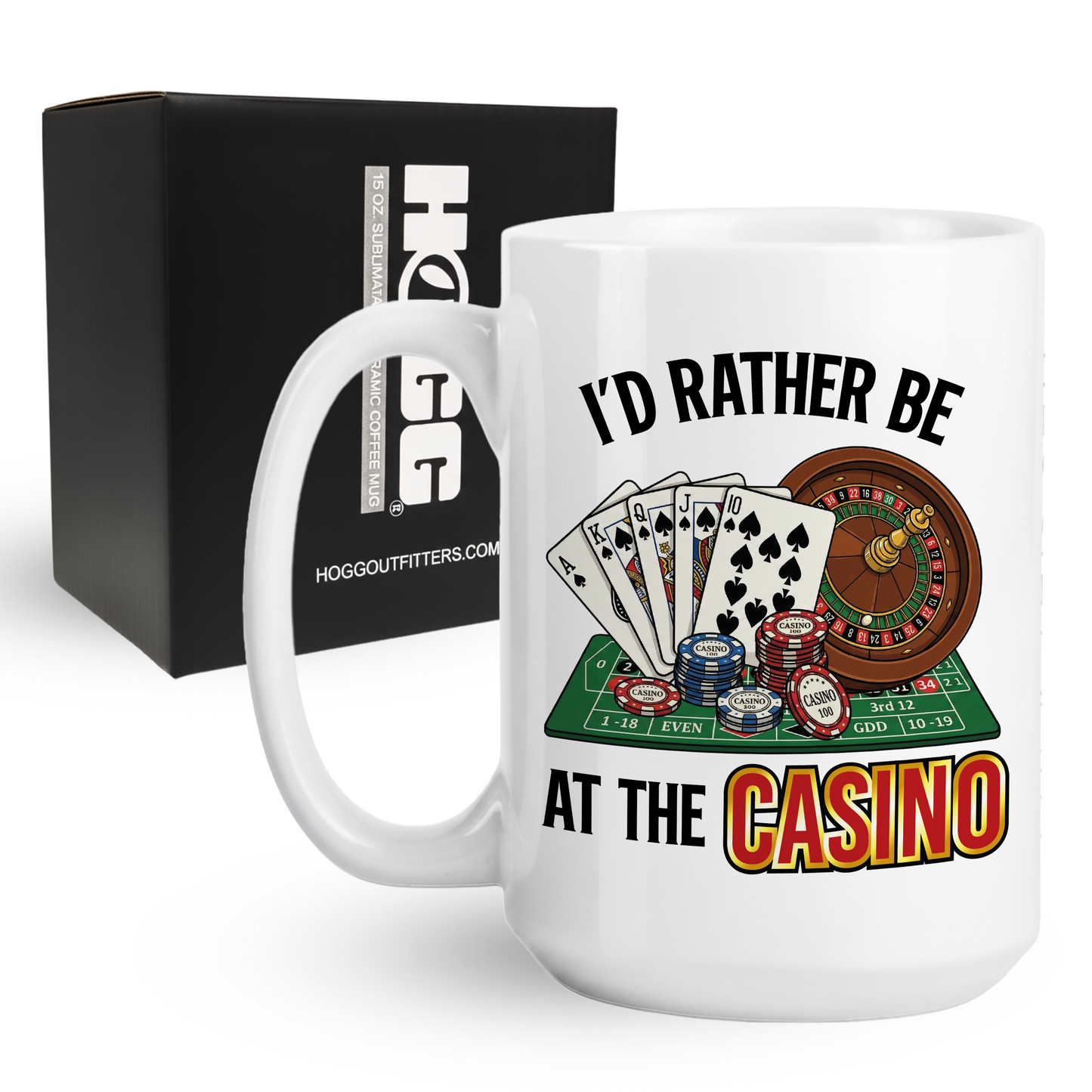 15oz coffee mug with I'd Rather Be At The Casino text and roulette wheel design