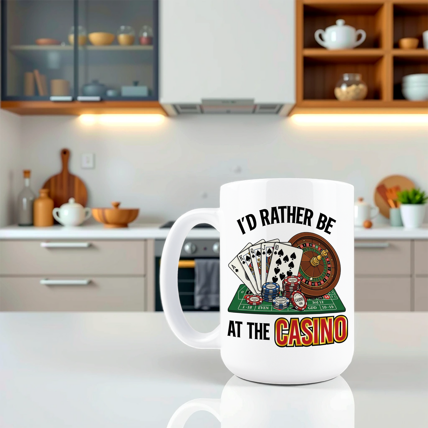 Lifestyle shot of funny workplace coffee mug for gamblers