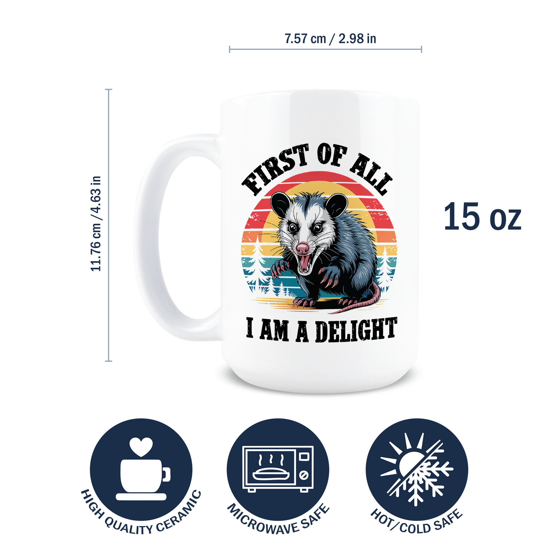 Dimensions and specifications of 15oz high quality microwave safe gremlin core possum mug