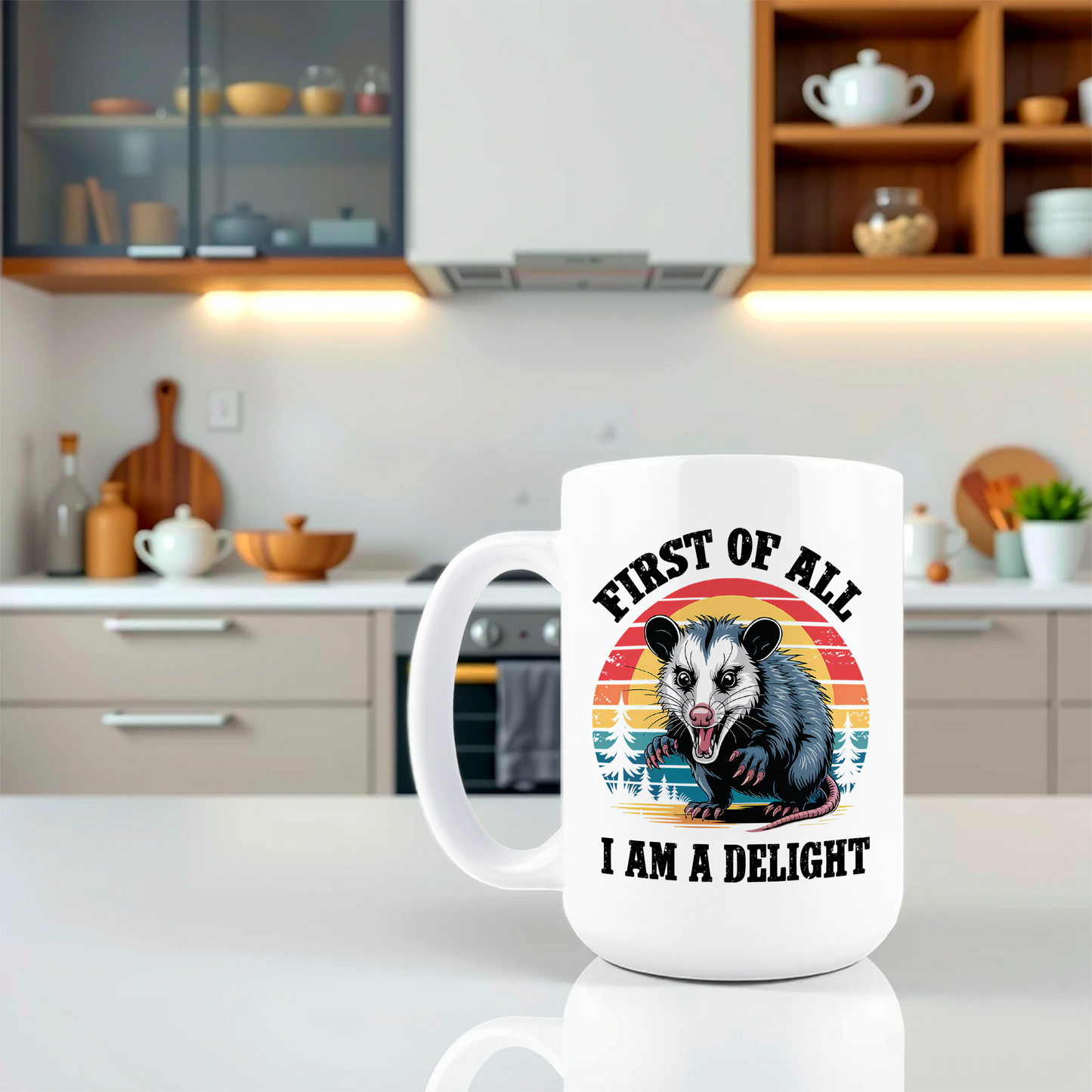 Lifestyle shot of sarcastic I Am A Delight possum meme mug on a kitchen counter
