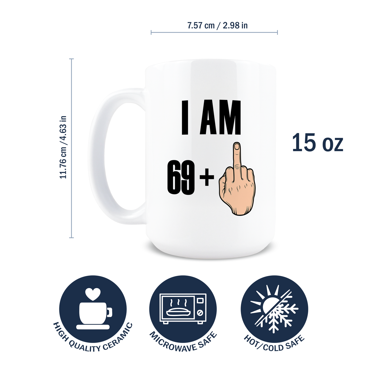 White mug with text and icons, showing dimensions and safety features on a white background