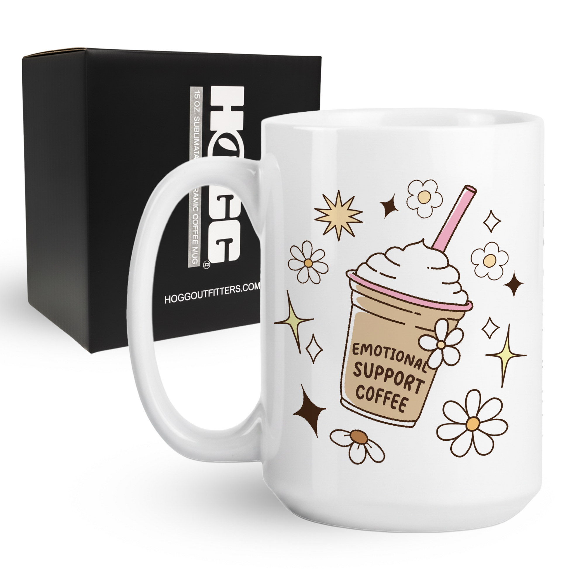 15oz coffee mug with cartoon emotional support iced coffee with whipped cream and flowers