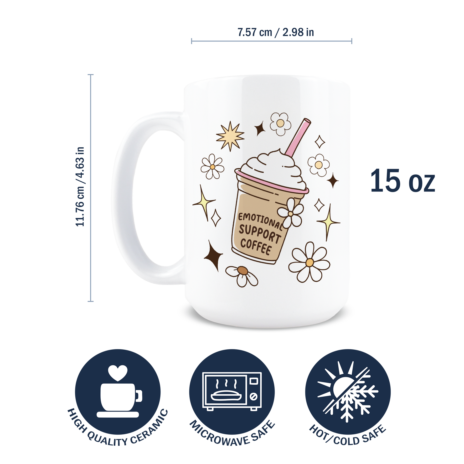 Dimensions of 15oz white ceramic coffee mug