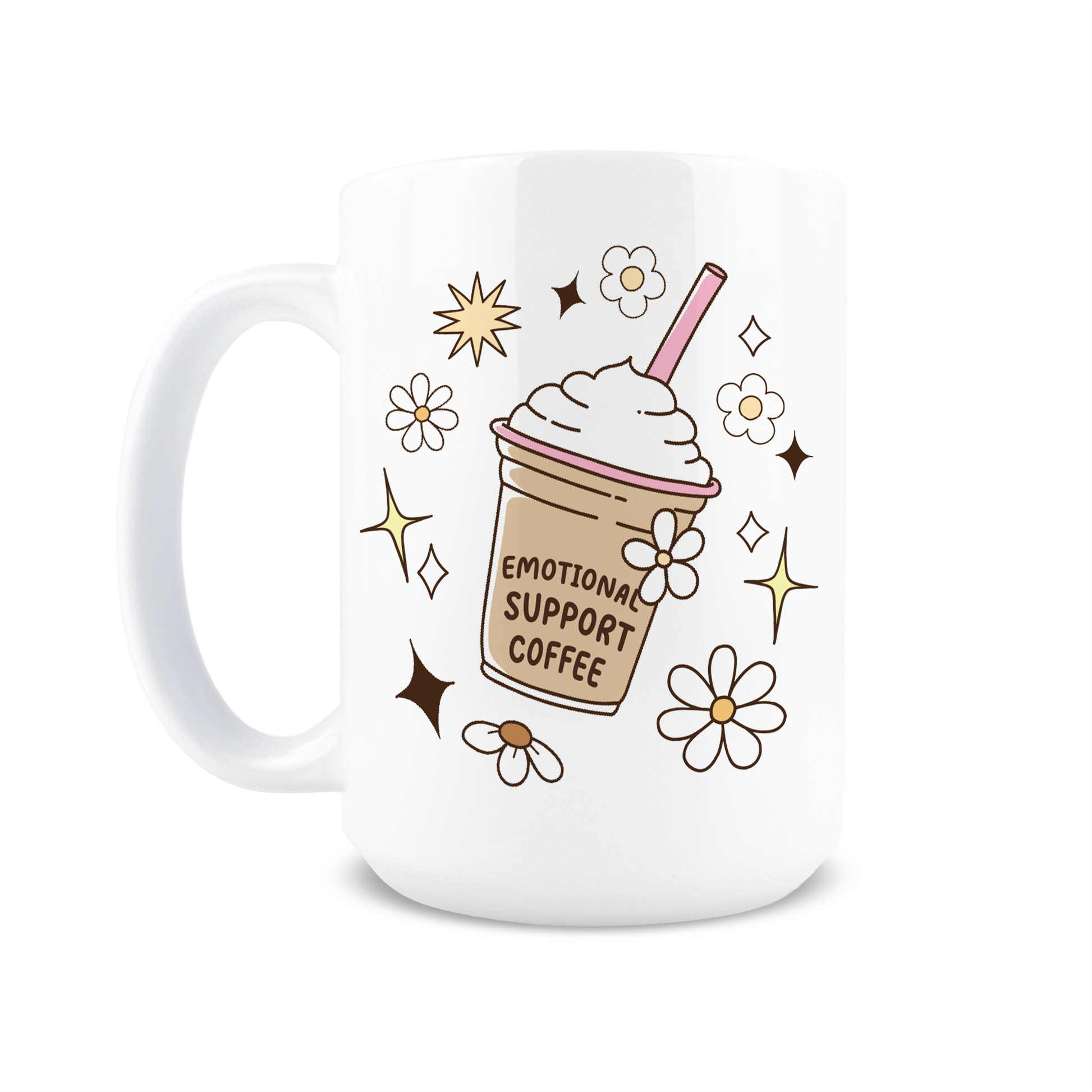Front view of white mug with cartoon frappe cup and text