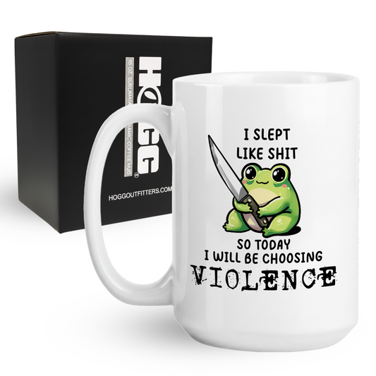 15oz coffee mug with funny frog holding a knife choosing violence meme